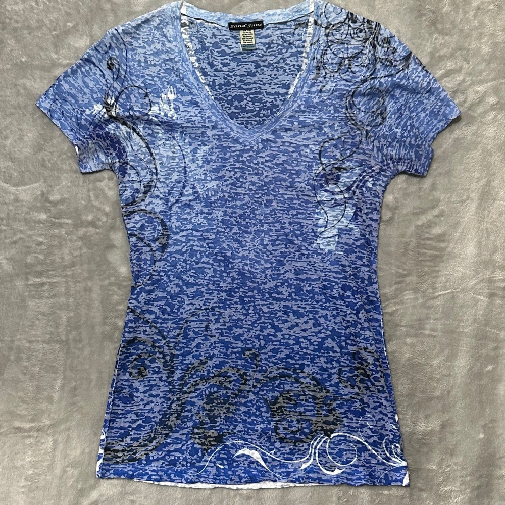 Sand June Blue Burnout Scroll Graphic V-Neck Short Sleeve Top XL Y2K 90s
